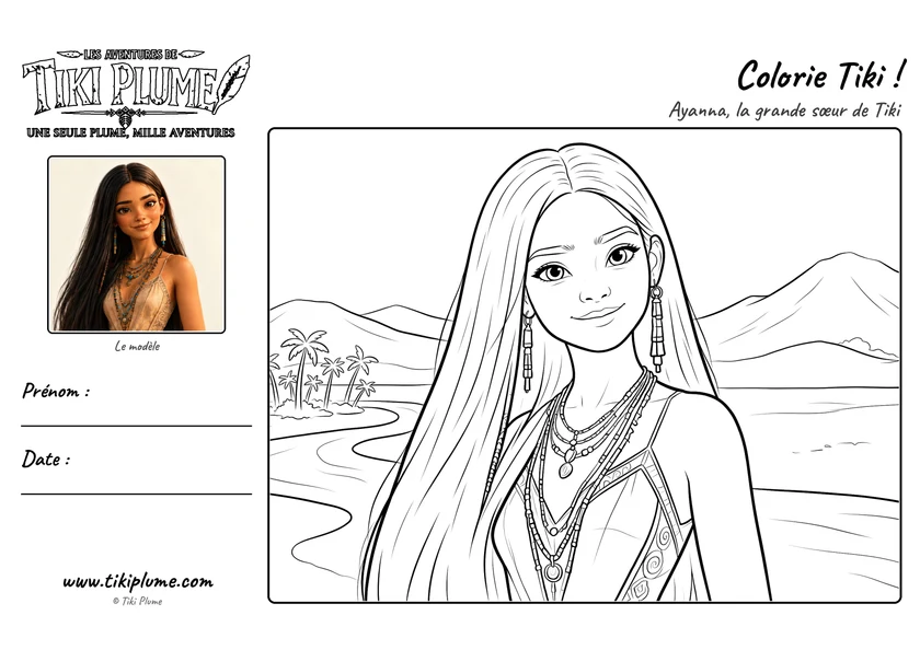 Page de coloriage de Tiki Plume : Ayanna, avec modèle couleur à gauche et dessin à colorier à droite.
