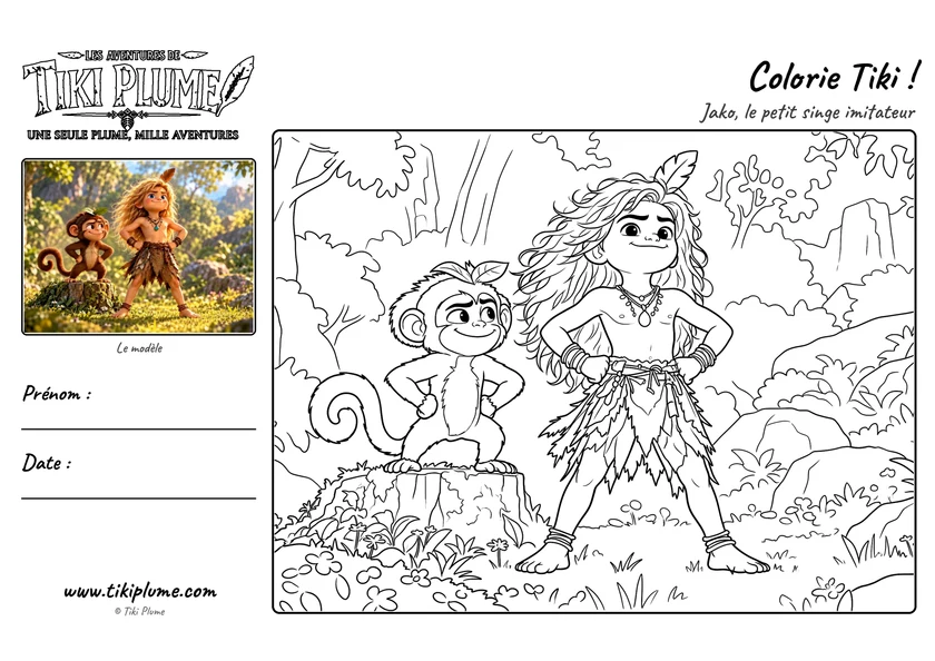 Page de coloriage de Tiki Plume : Jako, avec modèle couleur à gauche et dessin à colorier à droite.