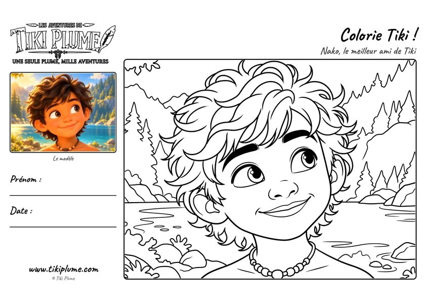 Page de coloriage de Tiki Plume : Nako, avec modèle couleur à gauche et dessin à colorier à droite.
