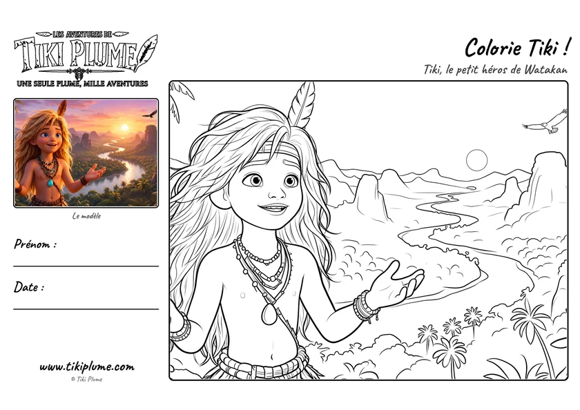 Page de coloriage de Tiki Plume : Tiki, avec modèle couleur à gauche et dessin à colorier à droite.