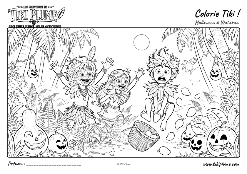Coloriage de Tiki Plume et Sakani faisant sursauter Nako, dont le panier de friandises se renverse.