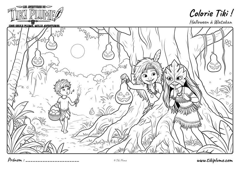 Coloriage de Tiki Plume et Sakani cachés derrière un arbre, tandis que Nako arrive avec une torche.